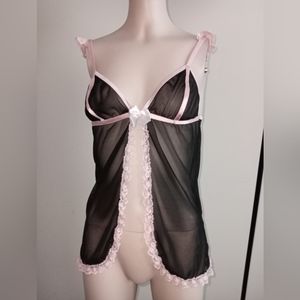Vintage Black mesh teddy lingerie slip With pink bow one size